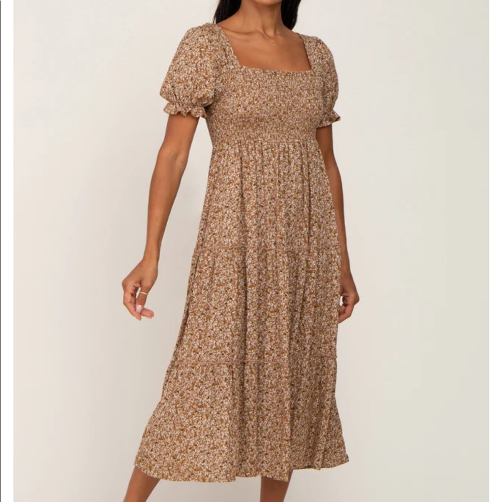 Gold ditsy floral smocked tiered midi dress